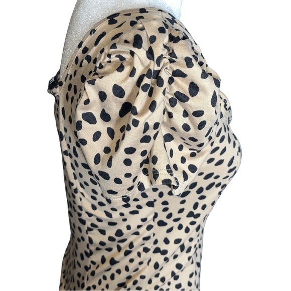 Lulus Puff Sleeve Top M Beige Black Dot Print Y2K Coquette Square Neck Blouse - Picture 7 of 9